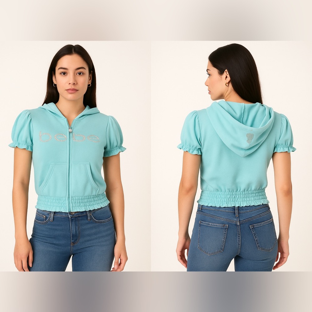 Bebe Vintage 90s Y2K Aqua Cotton Crystal Embellished Zip Front‎ Hoodie Sz. S